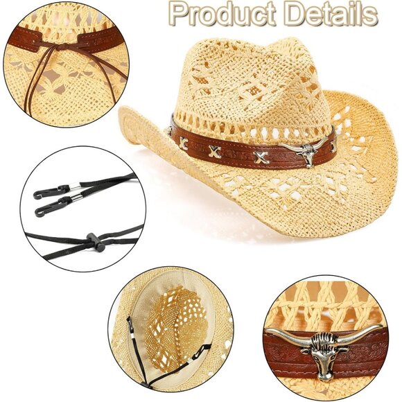 Women's Straw Wide with Shapeable Brim Cowboy Hat White/Beige + Brown Hat - Picture 3 of 6